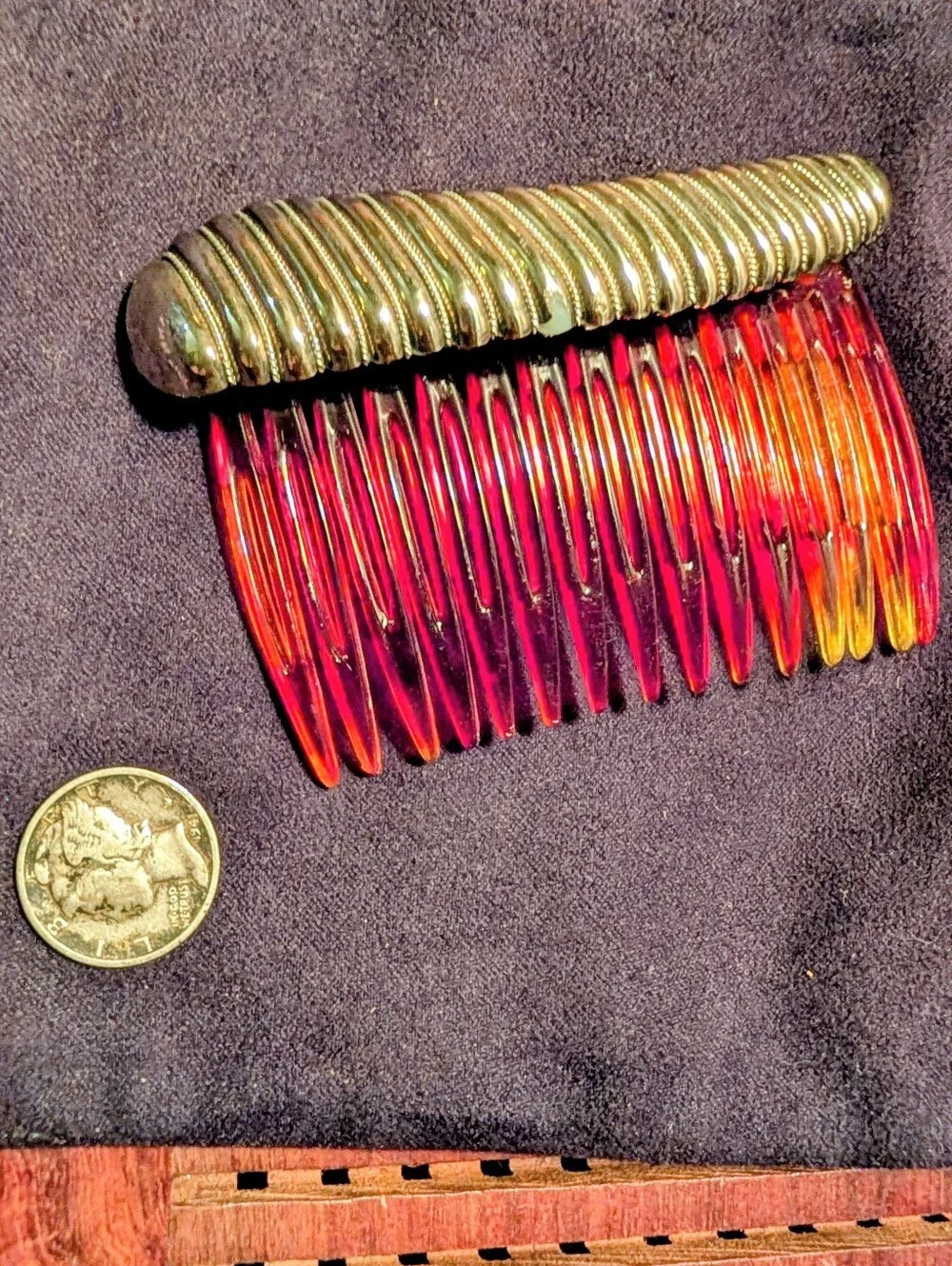 Decorative Red-Orange Tortoiseshell Hair Comb with Silver Tone Accent